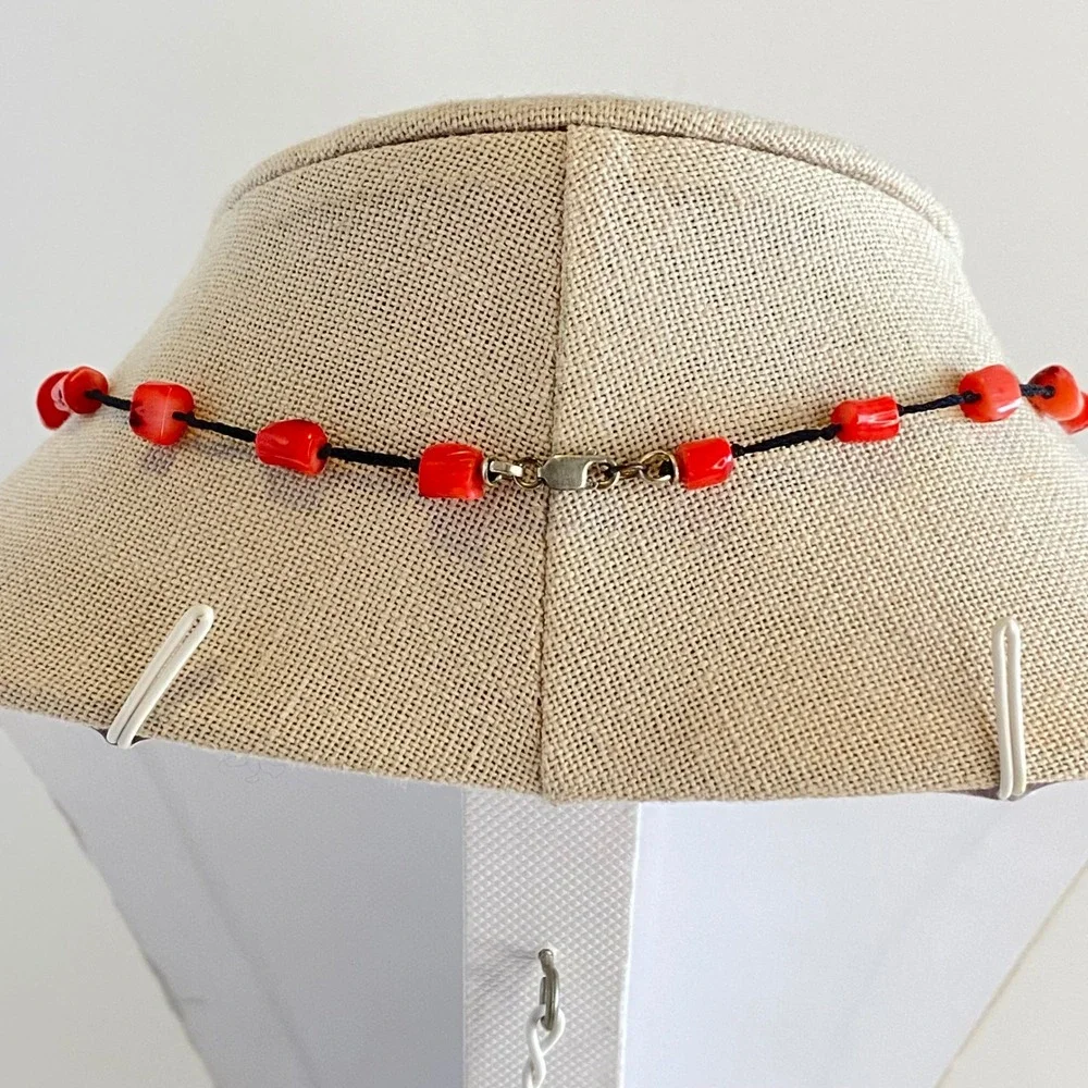 Vintage Red Coral Black Onyx Teardrop Pendant Necklace Sterling Silver 925 Clasp